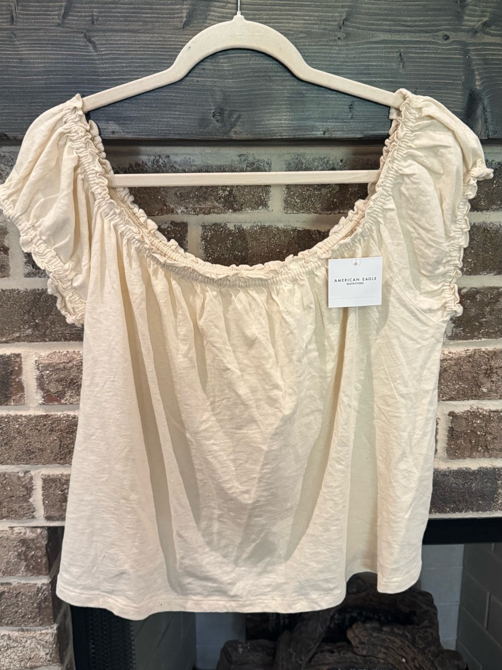 American Eagle Outfitters Cream Elastic-Neck Peasant Top